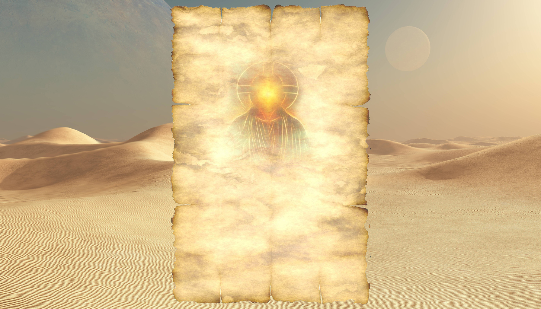 Intensiv-Seminar LIVE Ostern 2026. Das Bild zeigt ein aufgerolltes Papyrusblatt, durch das das Licht von Christus Jesus scheint, vor einem Wüstenhintergrund.