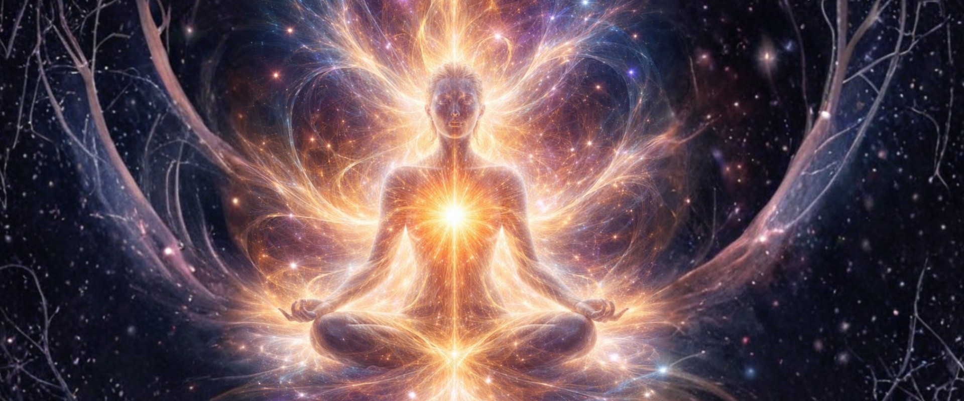 Das Bild zeigt eine Licht ausstrahlende meditierende Person im Lotussitz. Es symbolisiert die Verbundenheit mit Allem und ist ein Ausdruck für die Auferstehungskraft der Seele, welche am Ostersonntag 2026 im Rahmen des online-Seminars mit Andrea InEssenz erfahren werden kann.