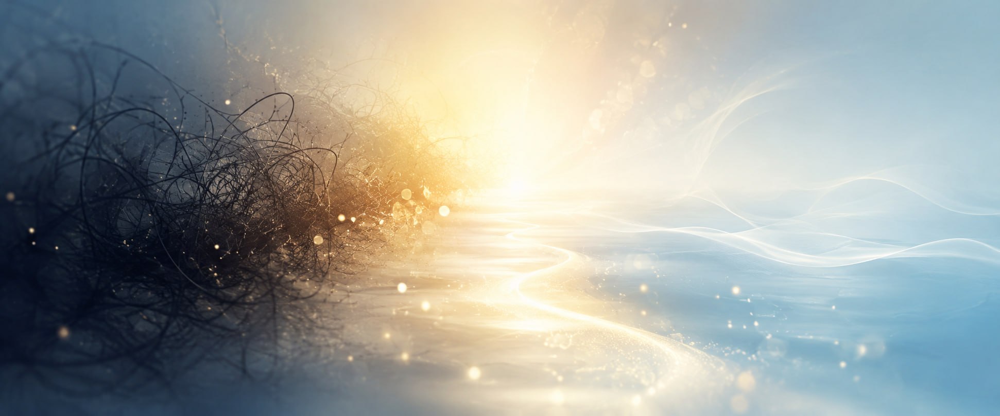 Intensiv-Seminar online - Spirituelle Entwirrung. Das Bild zeigt auf der linken Seite ein Durcheinander von Zweigen/Gestrüpp und auf der rechten Seite eine ruhige, leicht wellenförmige hellblaue Fläche. Verbunden werden diese Gegensätze durch ein hell-goldfarbenes Licht, welche die beiden Seiten verbindet bzw. trennt. Das Bild zum Seminar mit Andrea InEssenz